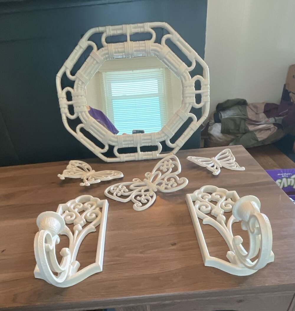 Homco Vintage Off White Faux Bamboo Wall Mirror and Decor Set